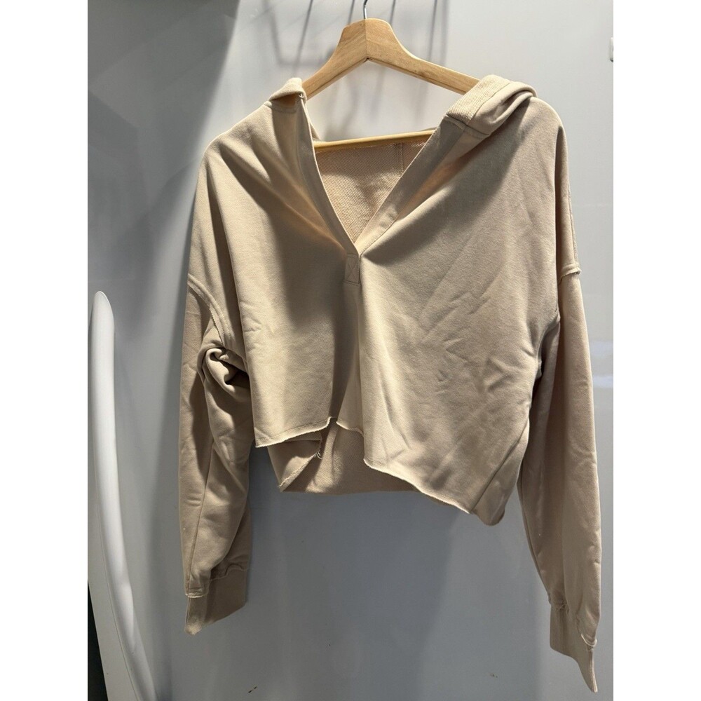 Women's Pullover Hoodie Beige Cropped V Neck M Polyester Viscose Long Sleeve
